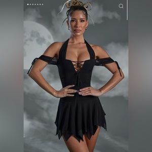 LACE UP HALTER NECK MINI DRESS IN BLACK